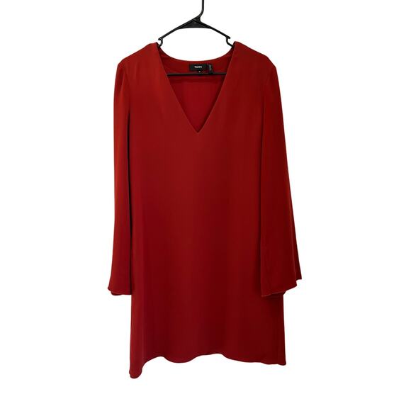Theory Ulyssa Admiral Crepe Shift Dress Red Oak V-Neck Long Bell Sleeve Medium - Picture 2 of 7